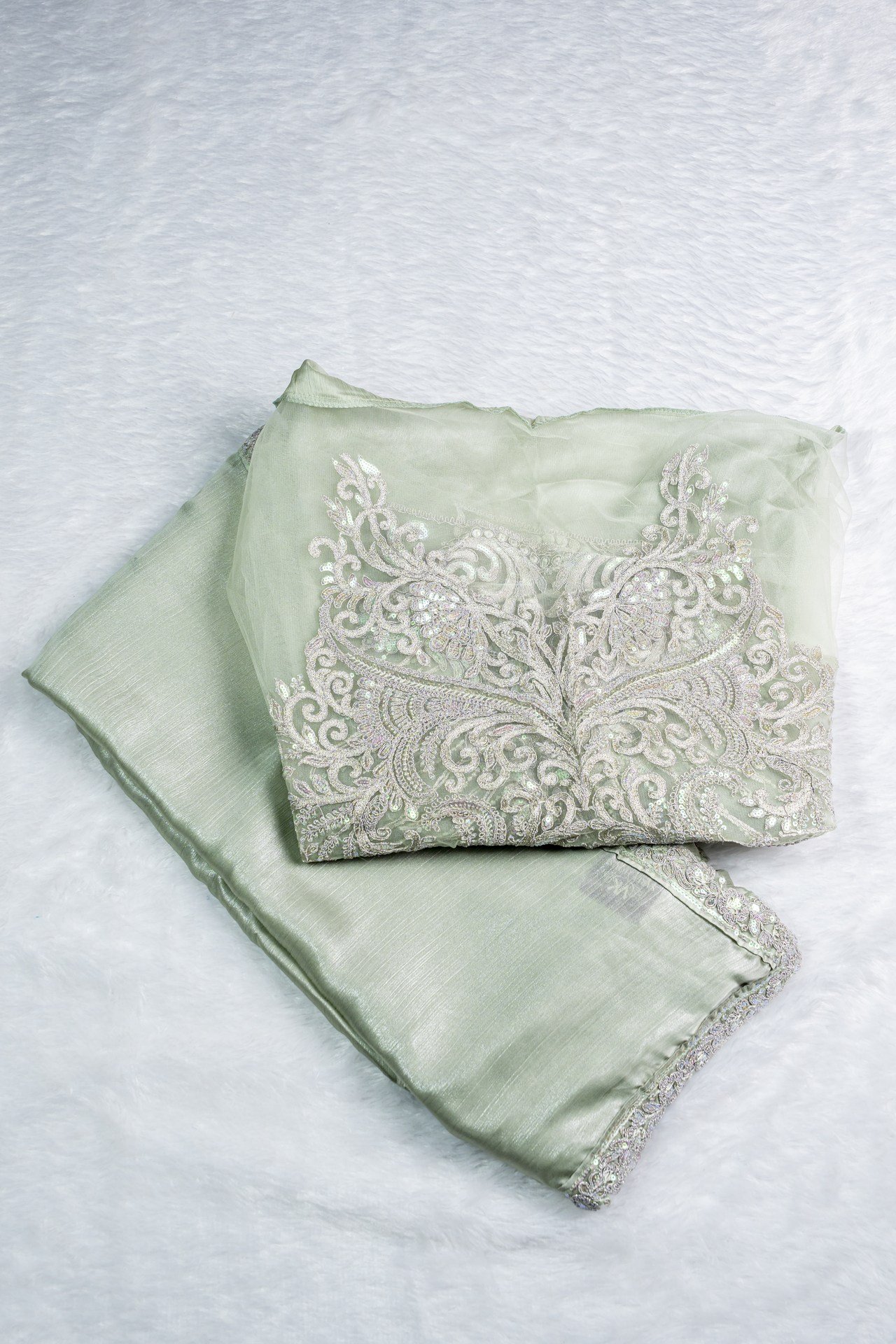 Designer Silver Chiffon Shimmer Party Wear Saree | VKSH0339A - Image 2