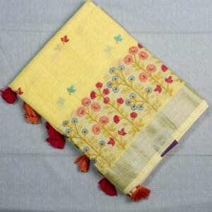 Premium Embroidery Linen Cotton Saree | VKSH088e