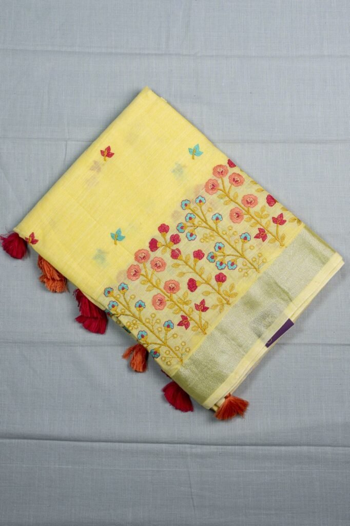 Premium Embroidery Linen Cotton Saree | VKSH088e