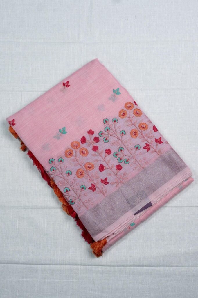Premium Embroidery Linen Cotton Saree | VKSH088D