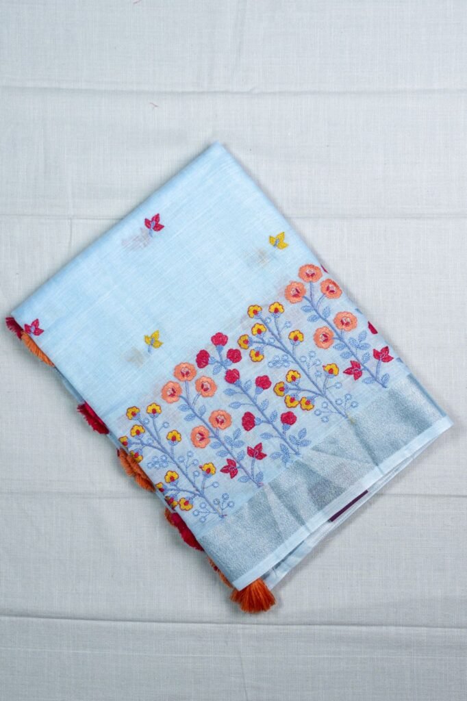 Premium Embroidery Linen Cotton Saree | VKSH088c