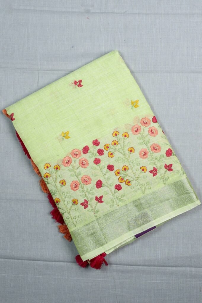 Premium Embroidery Linen Cotton Saree | VKSH088g