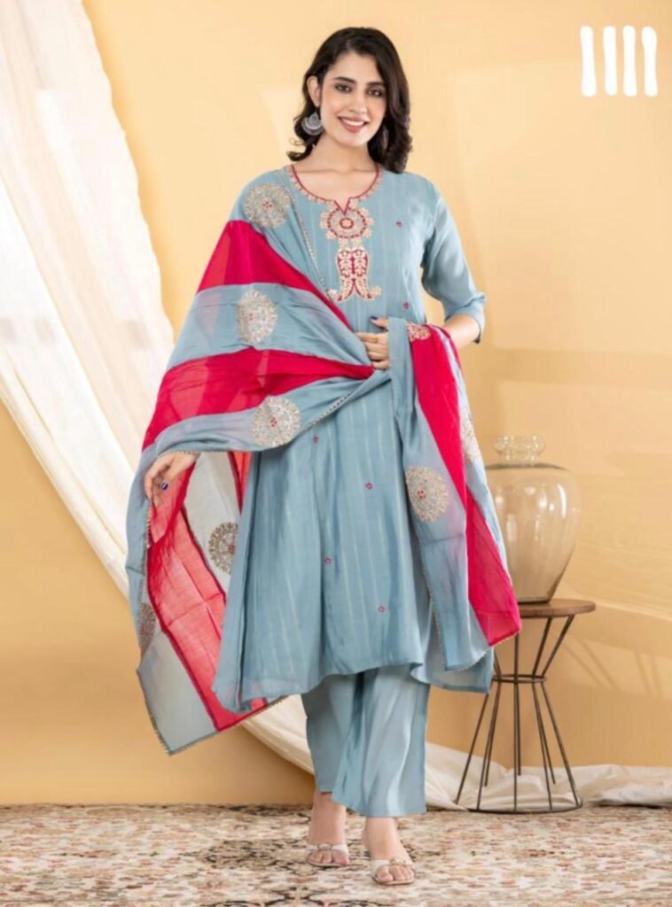 Mul Chanderi 3 Piece Readymade Kurta Set | VKSH0408