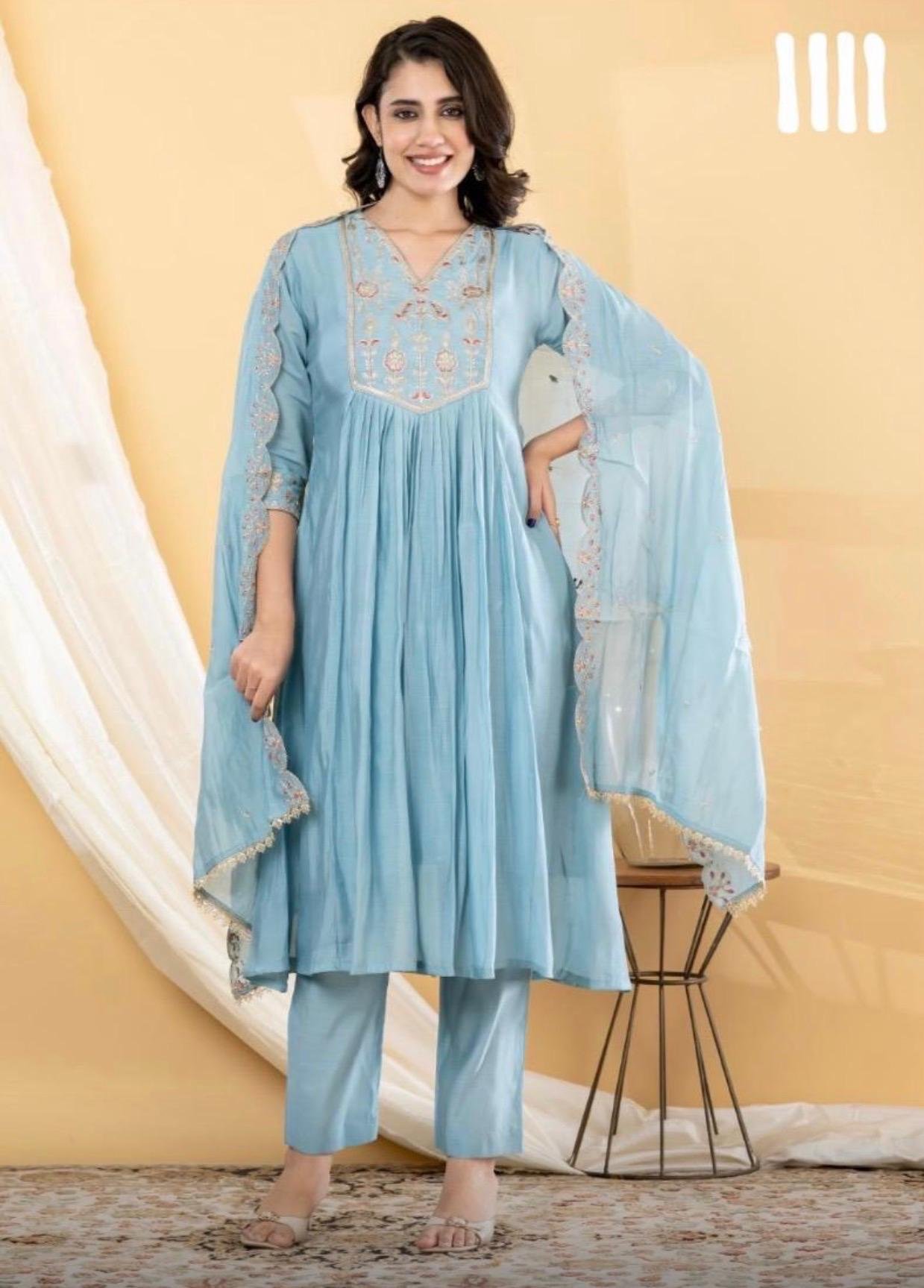 Mul Chanderi 3 Piece Readymade Kurta Set | VKSH0410