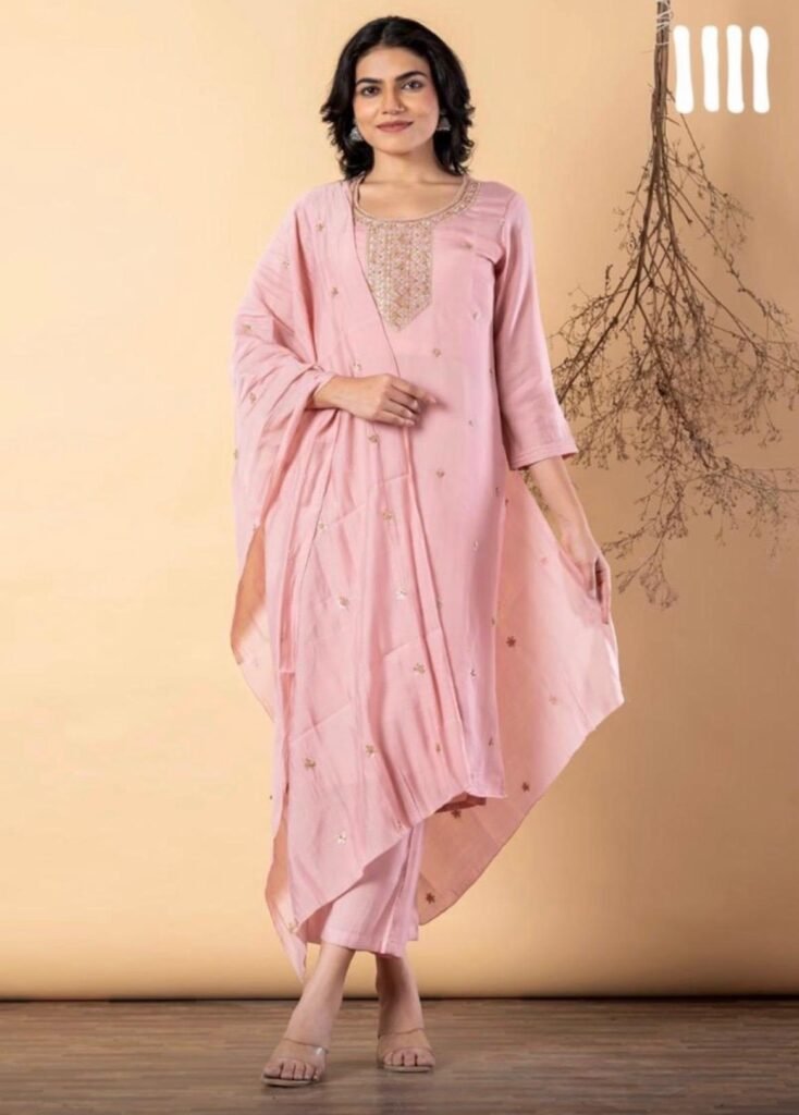 Mul Chanderi 3 Piece Readymade Kurta Set | VKSH0416