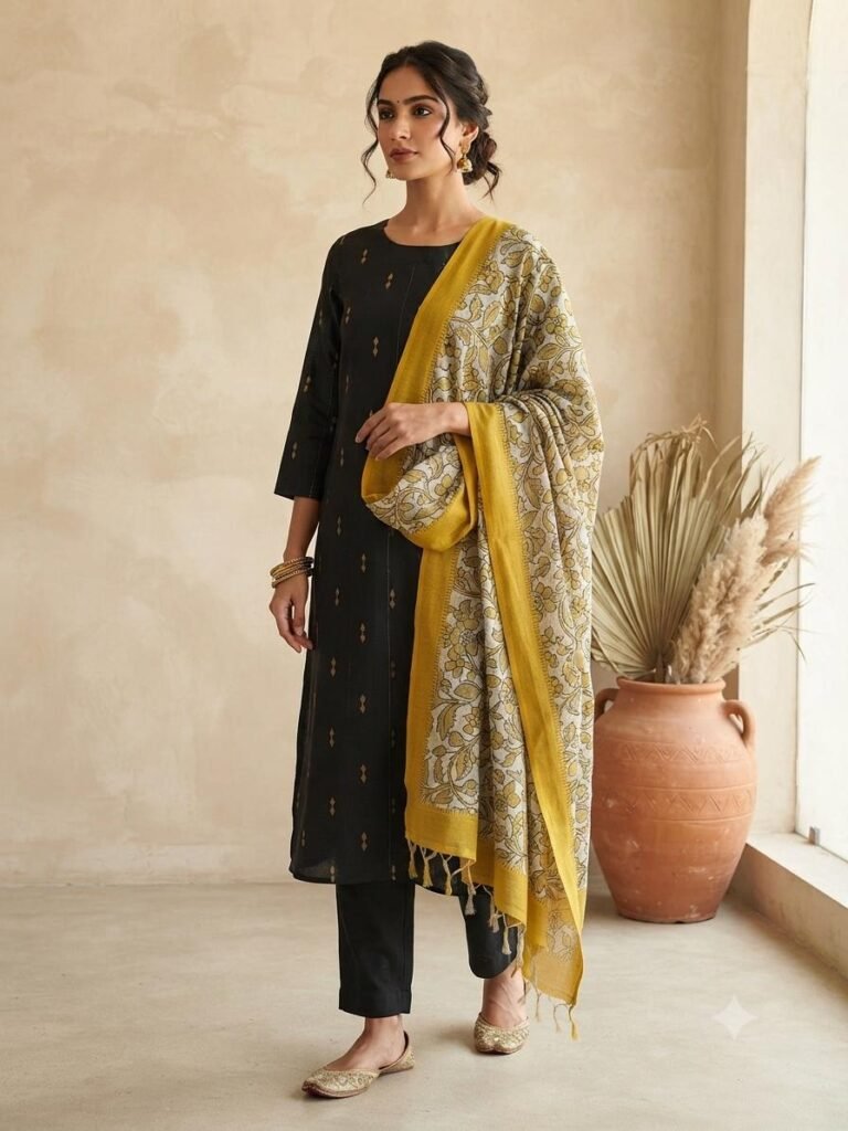 Raw Silk Top with Handcrafted Chennuri Kalamkari Silk Dupatta | VKSH0488