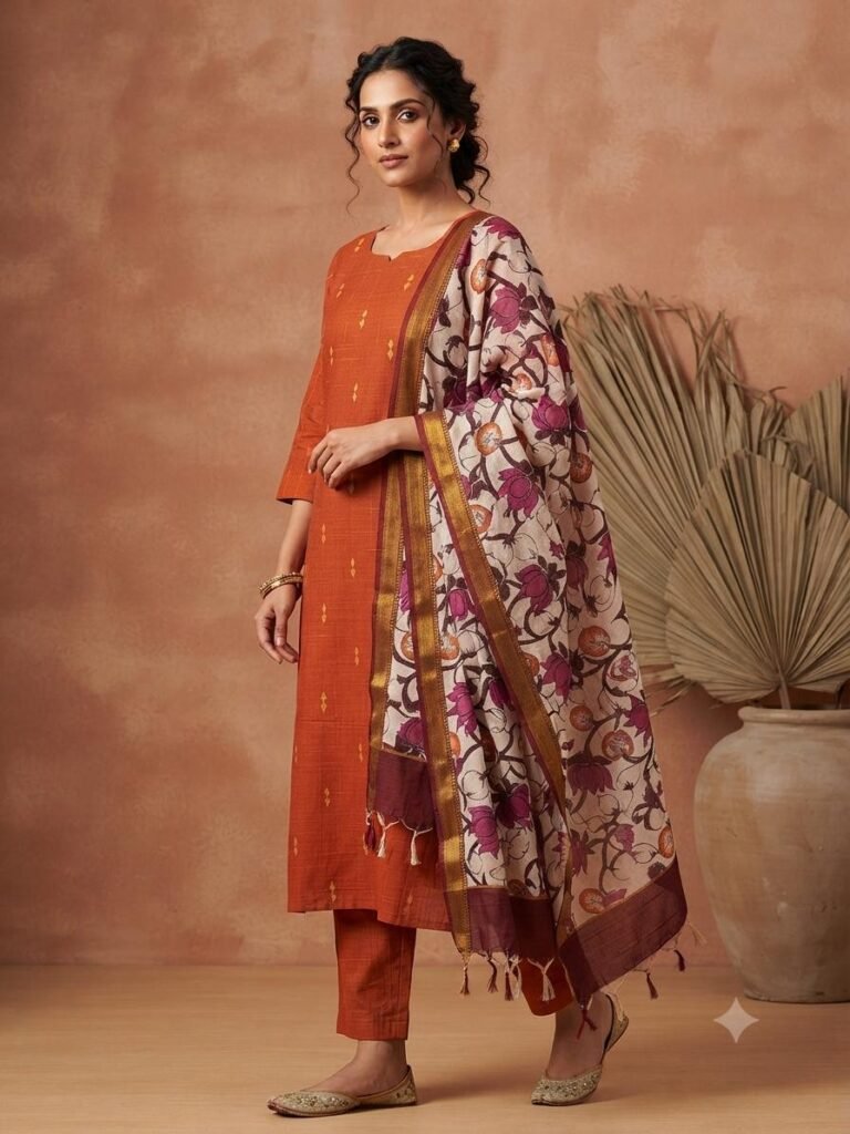 Raw Silk Top with Handcrafted Chennuri Kalamkari Silk Dupatta | VKSH0487