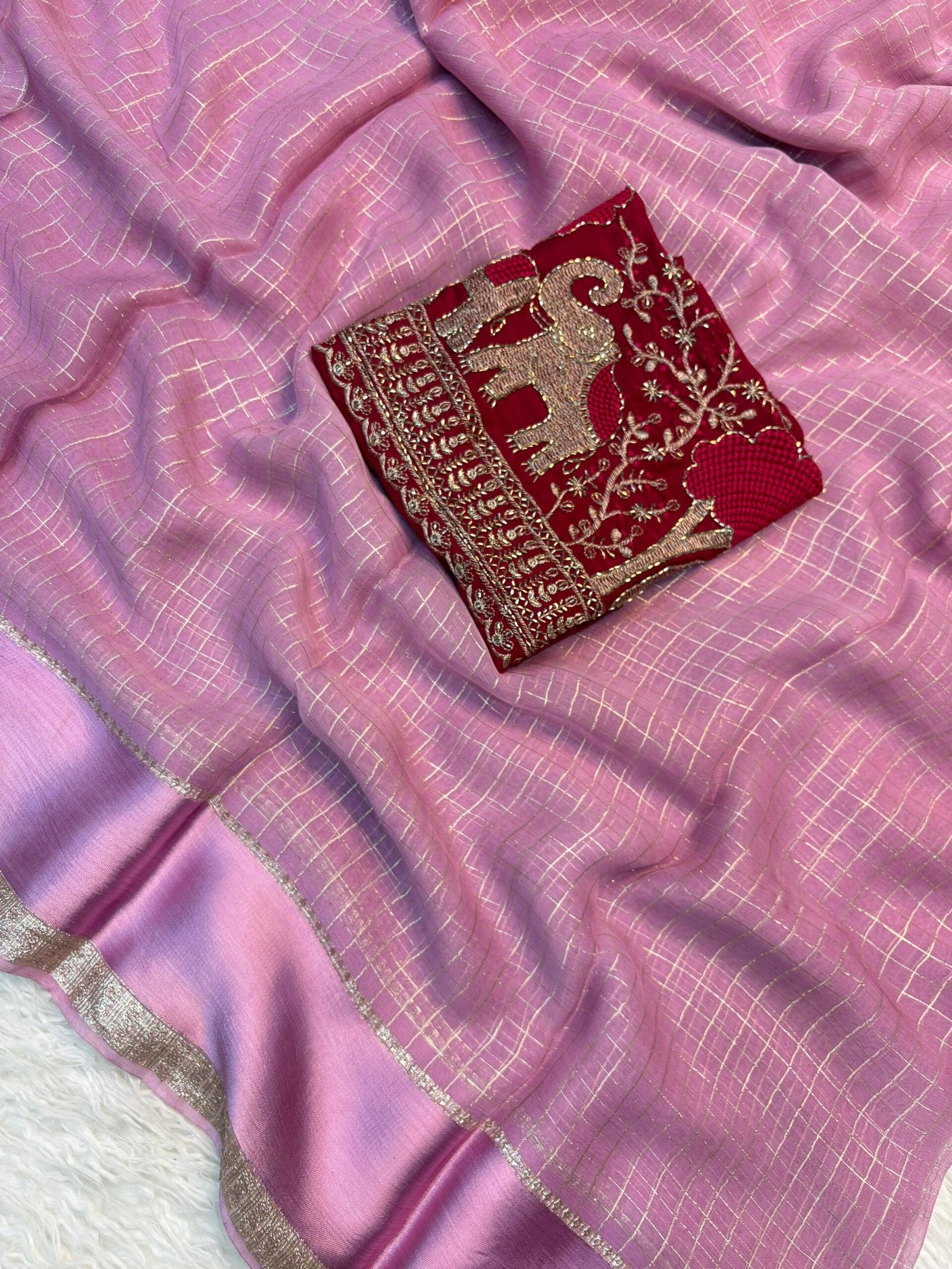 Viscose Georgette Checks Saree | VKSH0349d - Image 2